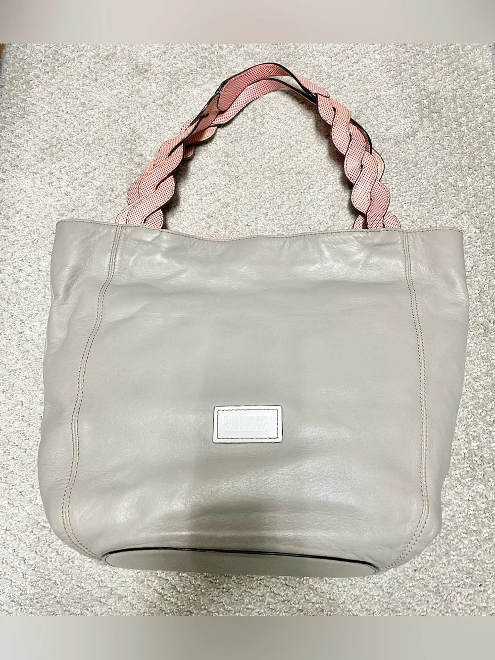 Elegant Gray Extremely Soft Leather Tote with Red Braided Strap